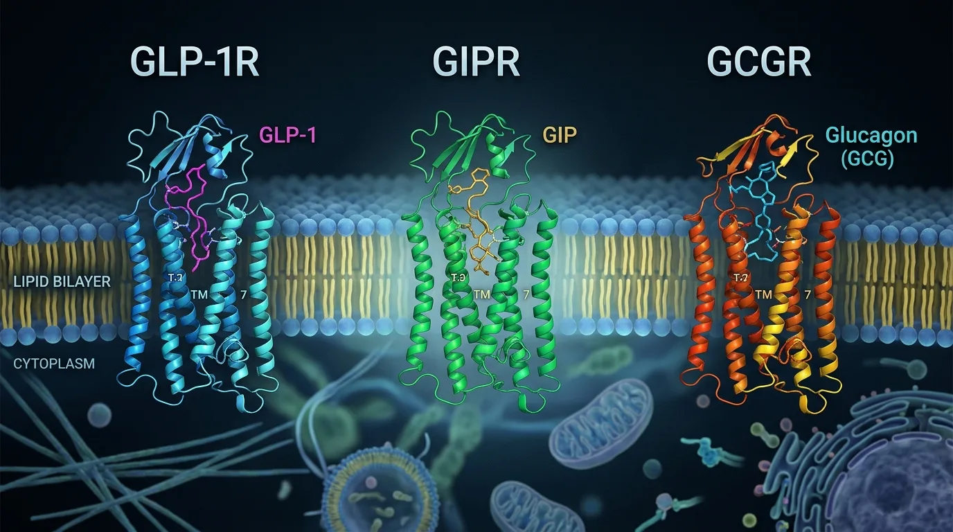 Illustration of GLP-1R, GIPR, and GCGR receptors targeted by triple GLP-1 GIP glucagon receptor agonist Retatrutide