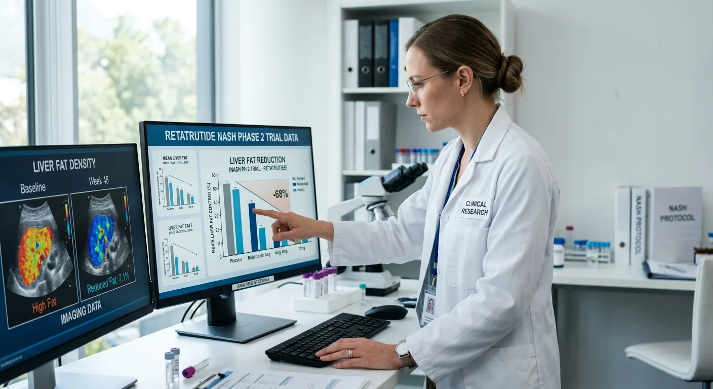 Scientist reviewing phase 2 weight loss and liver fat data highlighting retatrutide NASH liver disease research in a clinical lab environment.