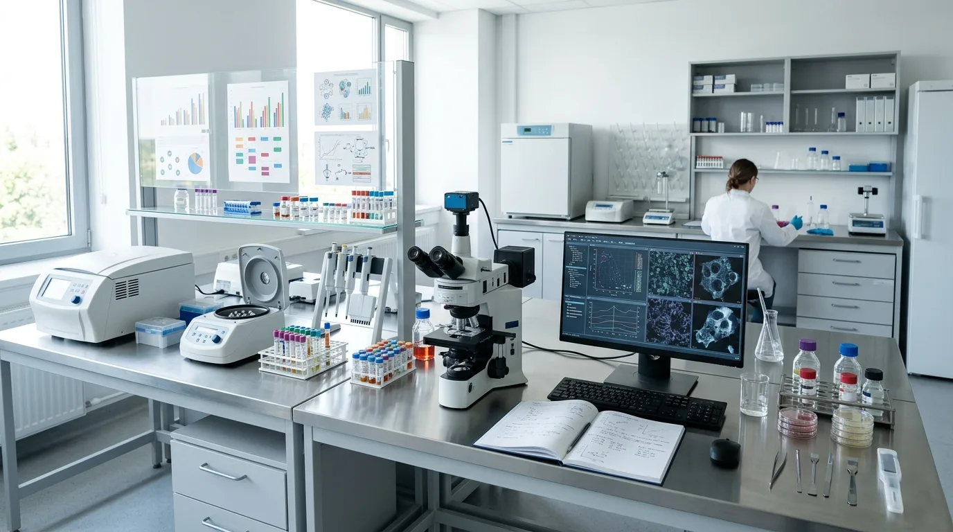 Clinical research laboratory environment depicting rigorous scientific testing and data collection for tesamorelin cognitive aging studies