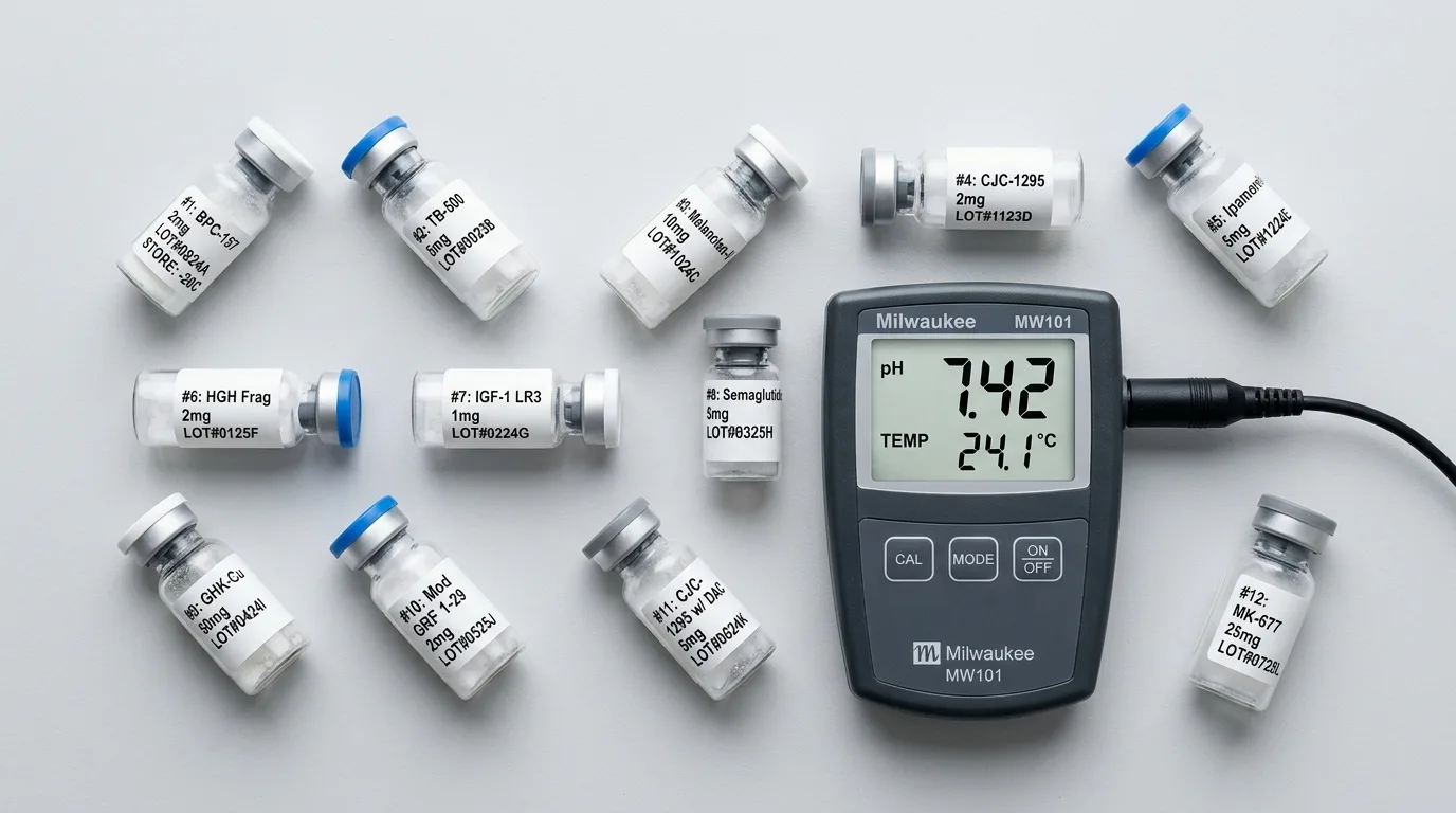 Research peptide vials with pH meter showing pH stability windows for common research peptides and their compatibility ranges