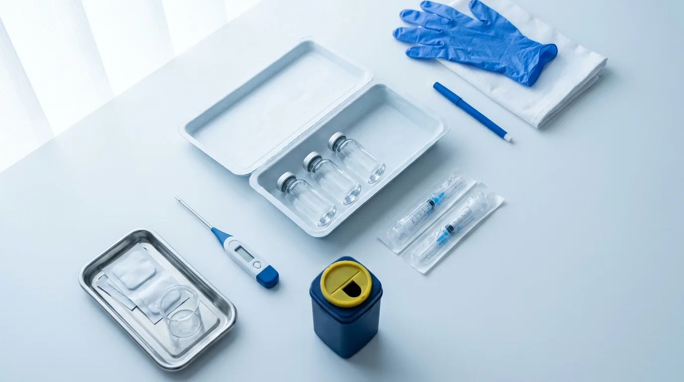 Practical medical administration setup showing injection equipment used in BPC-157 and TB-500 peptide stack protocols