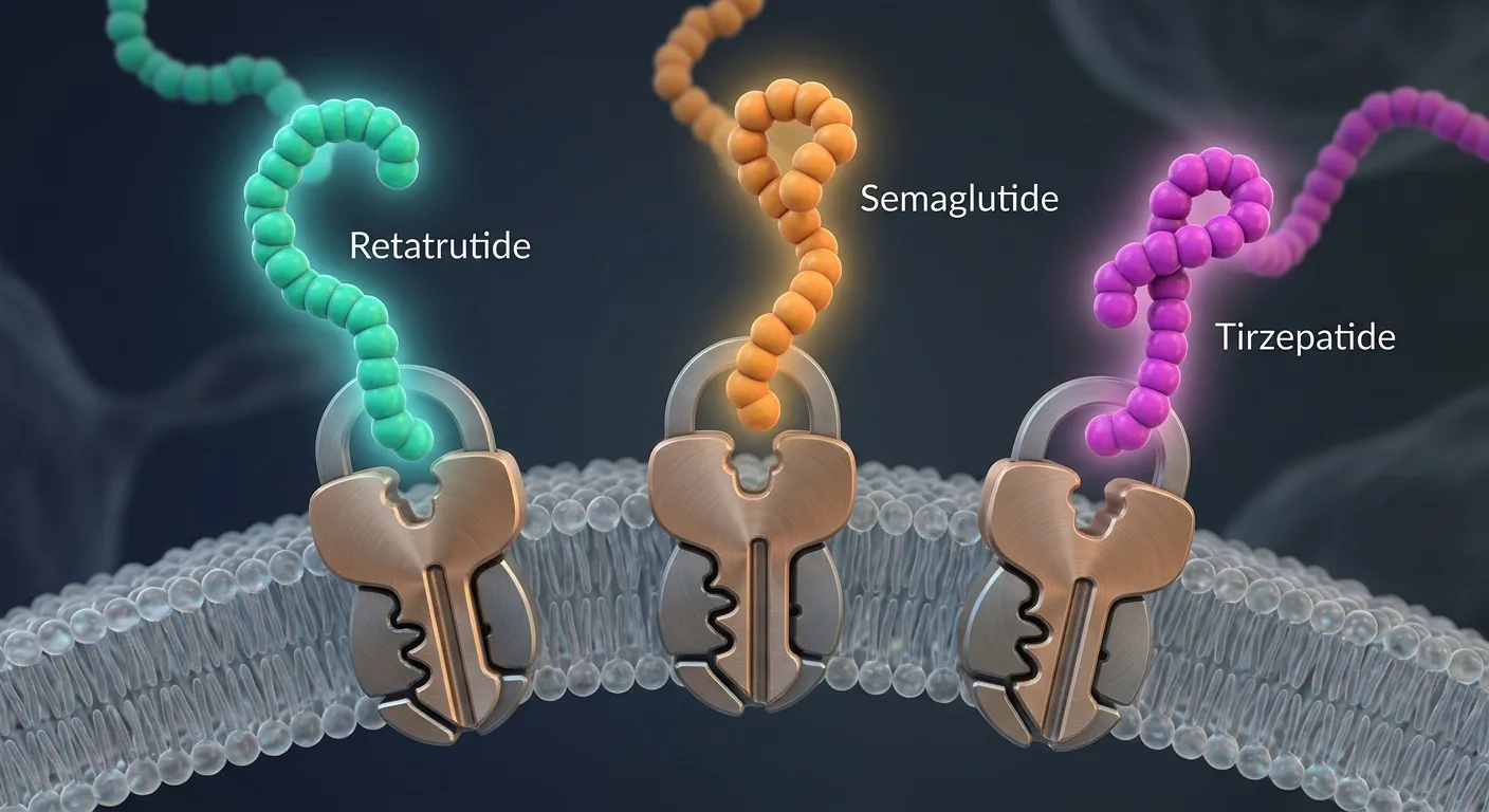 Illustration of retatrutide, semaglutide, and tirzepatide peptides binding to receptors showing mechanism of action for retatrutide vs semaglutide vs tirzepatide comparison