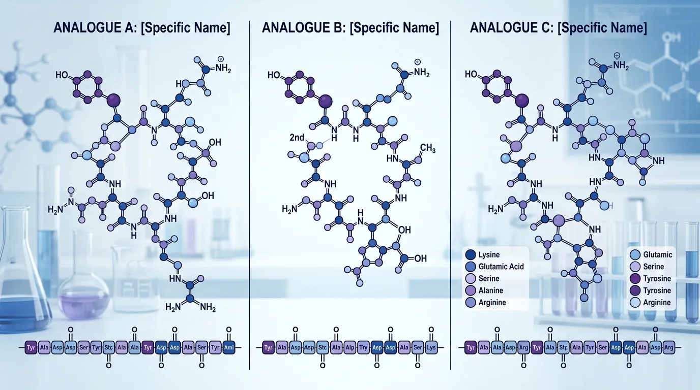 Molecular architecture comparison showing peptide sequence length differences between tesamorelin, sermorelin, and CJC-1295 GHRH analogues