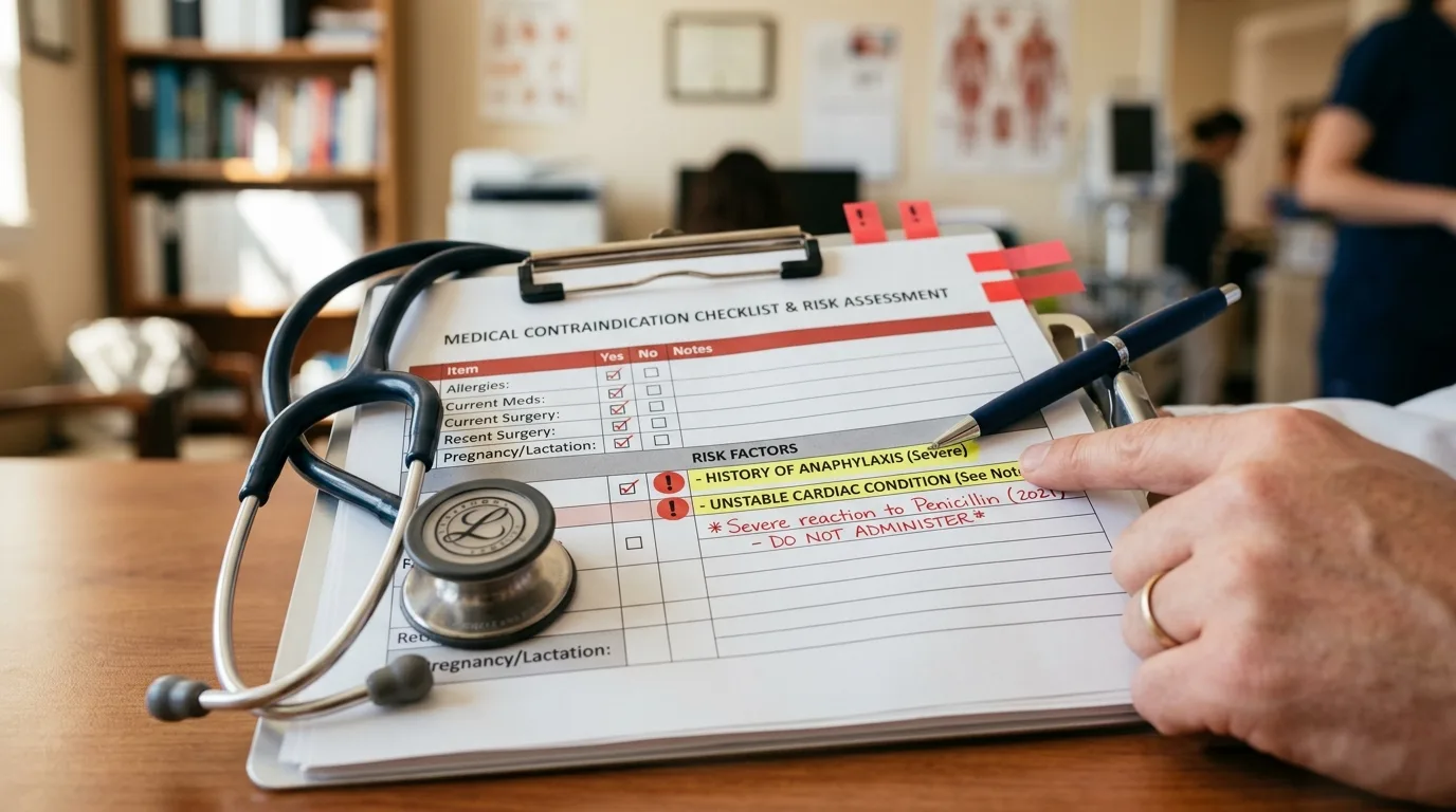 Medical contraindication checklist highlighting absolute tesamorelin contraindications for patient safety assessment