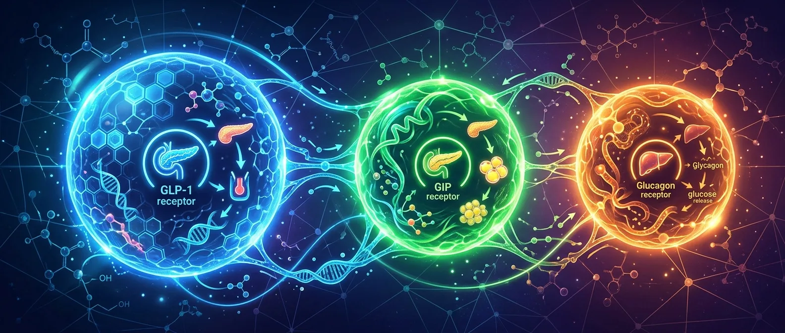 Abstract illustration of three glowing receptor models representing GLP-1, GIP, and Glucagon receptors.