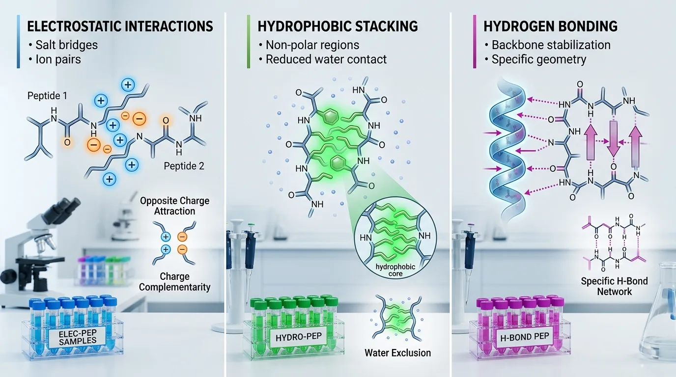 Visual representation of the three peptide compatibility categories with color-coded molecular interactions demonstrating safe peptide stacking combinations