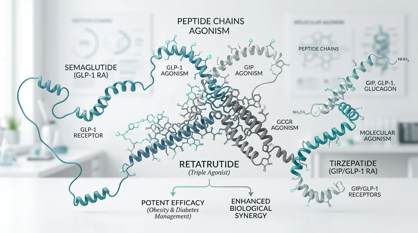 Illustrative image comparing retatrutide triple agonism with semaglutide and tirzepatide highlighting differences in obesity pharmacotherapy evolution.
