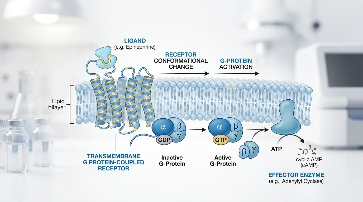 Beta-3 adrenergic receptor mechanism visualization showing how AOD-9604 interacts with cellular pathways in growth hormone fragment stacking