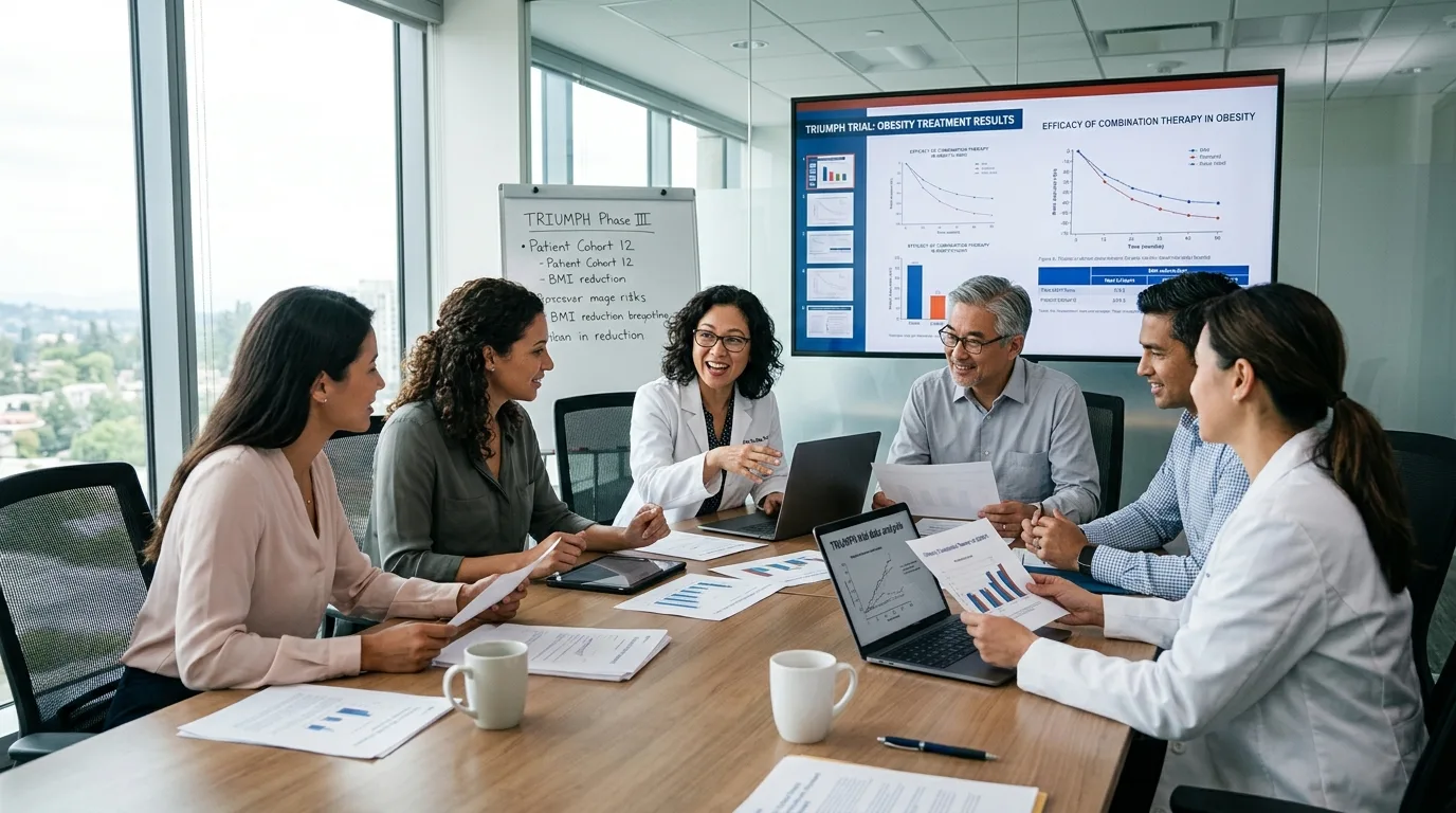 Medical researchers discussing open questions heading into phase 3 of the TRIUMPH trial retatrutide phase 3 obesity study.
