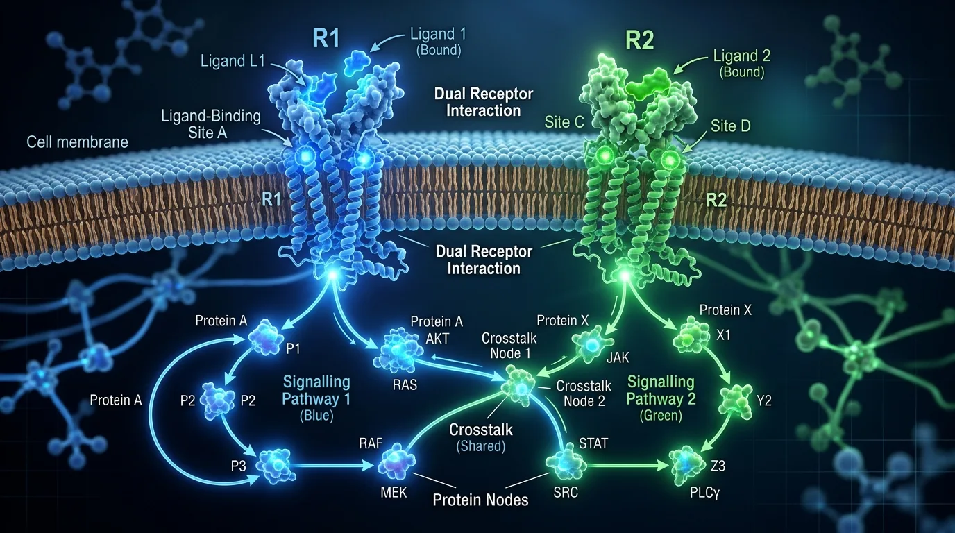 Visual representation of CJC-1295 and Ipamorelin receptor synergy model showing how two distinct mechanisms work together in the growth hormone stack