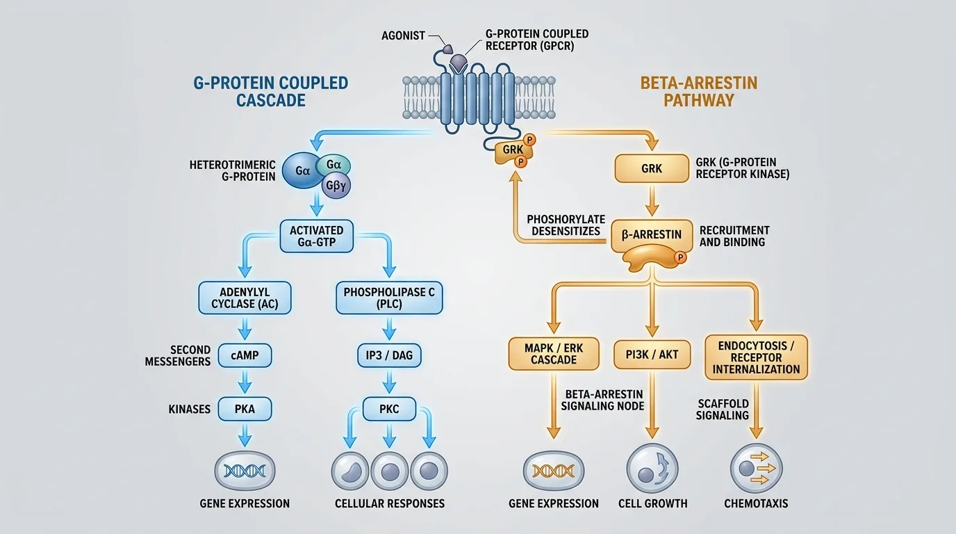 Comparison illustration of G-protein signaling versus beta-arrestin signaling pathways demonstrating biased receptor activation mechanisms