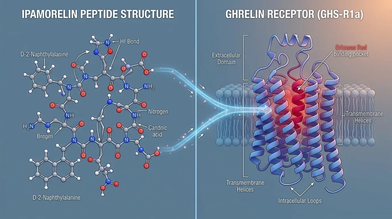 Ipamorelin synthetic peptide structure demonstrating selective binding affinity to ghrelin receptor in modified GHRP growth hormone pathway