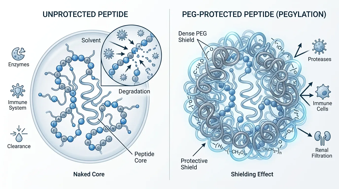 Peptide drug molecule protected with PEGylation polymer chains creating a stealth shield against immune clearance and degradation