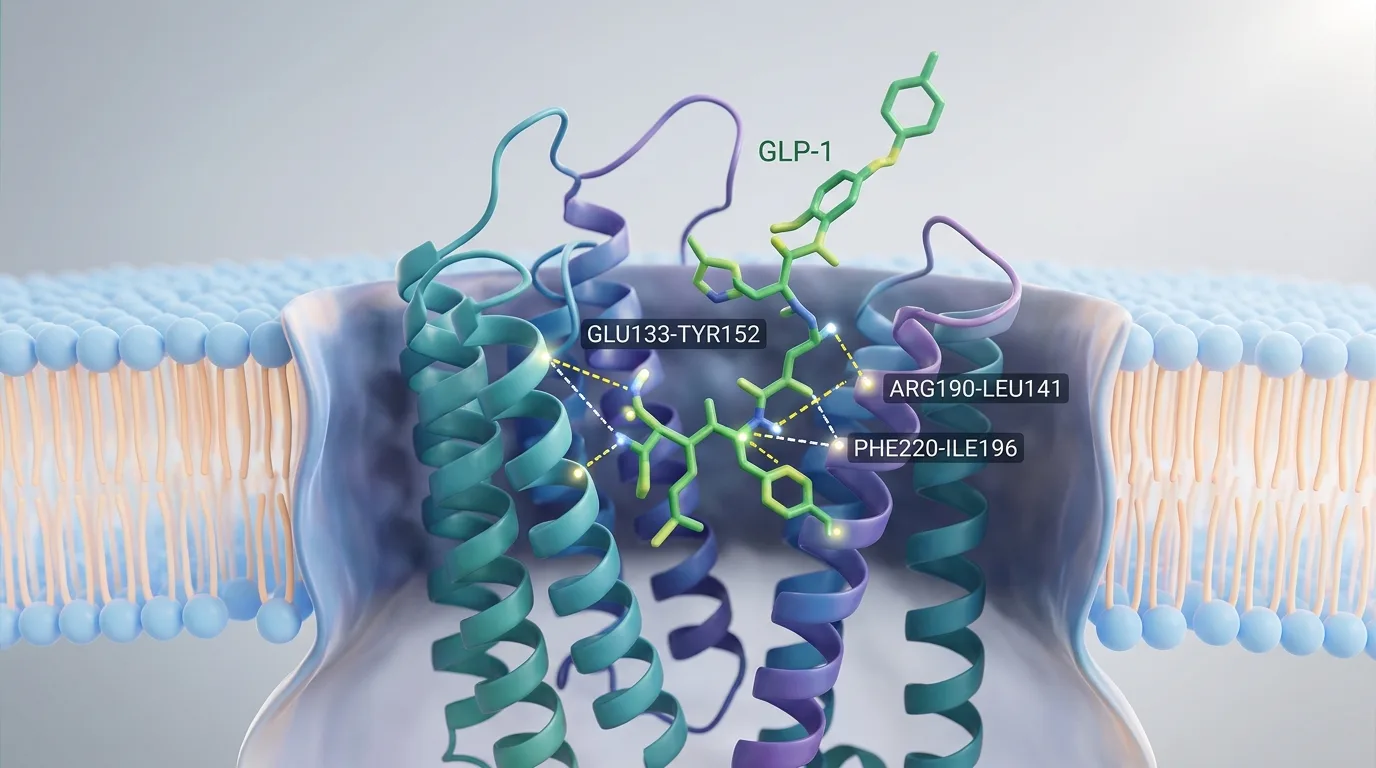 GLP-1 receptor molecular structure with peptide binding interaction showing biased signaling pathway selection at atomic detail level