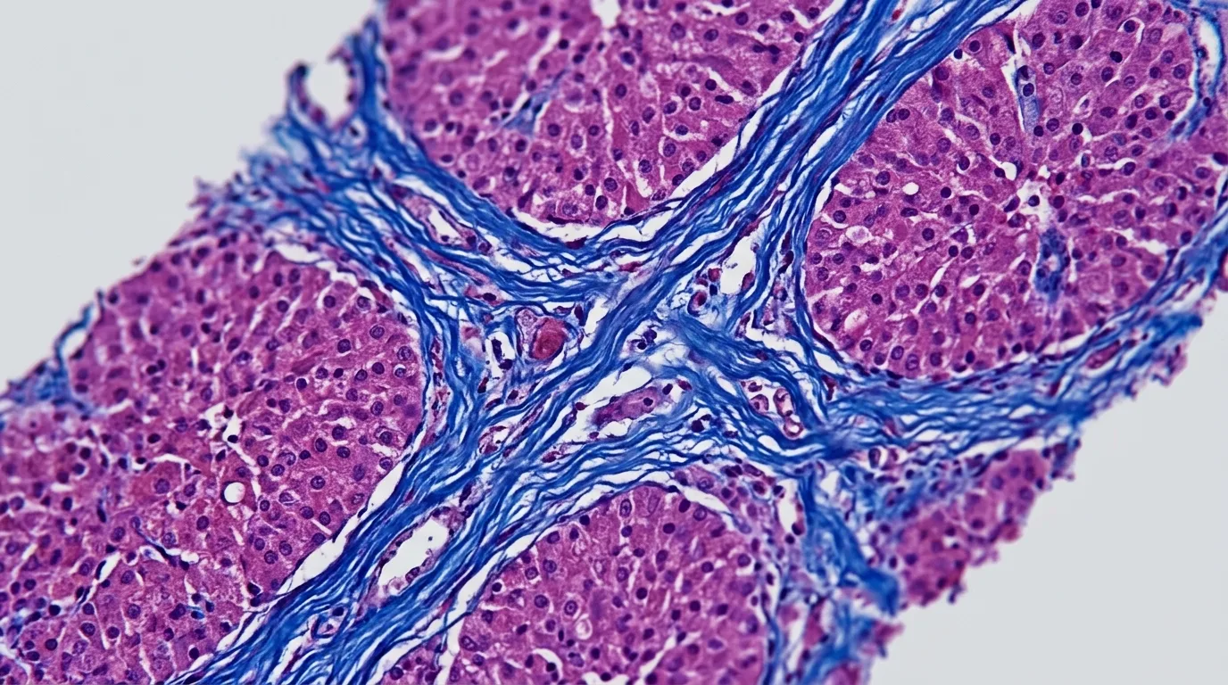 Detailed liver biopsy tissue sample showing NASH fibrosis scarring patterns and collagen deposition, illustrating the difficulty of reversing established fibrosis in NASH progression