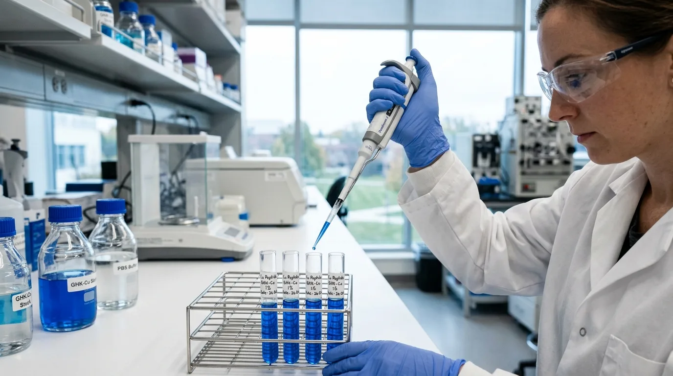 Scientist conducting GHK-Cu peptide research in laboratory with pipettes and solutions, demonstrating clinical testing of copper peptide biomarkers for aging intervention