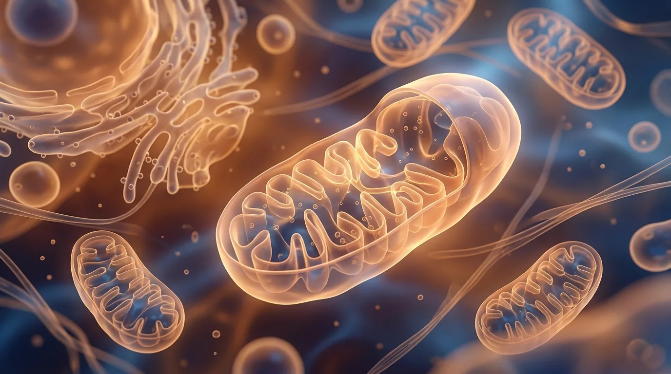 Detailed mitochondrial cell structure illustration showing humanin signaling pathways, representing mitochondrial peptide biomarkers and neuroprotective aging mechanisms