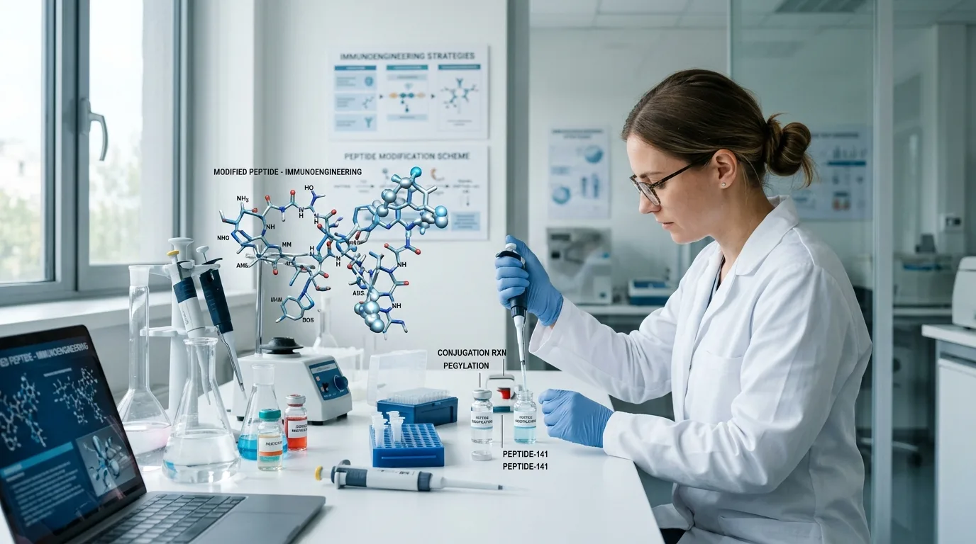 Biotech laboratory setting illustrating peptide humanization and PEGylation engineering approaches to reduce immunogenicity