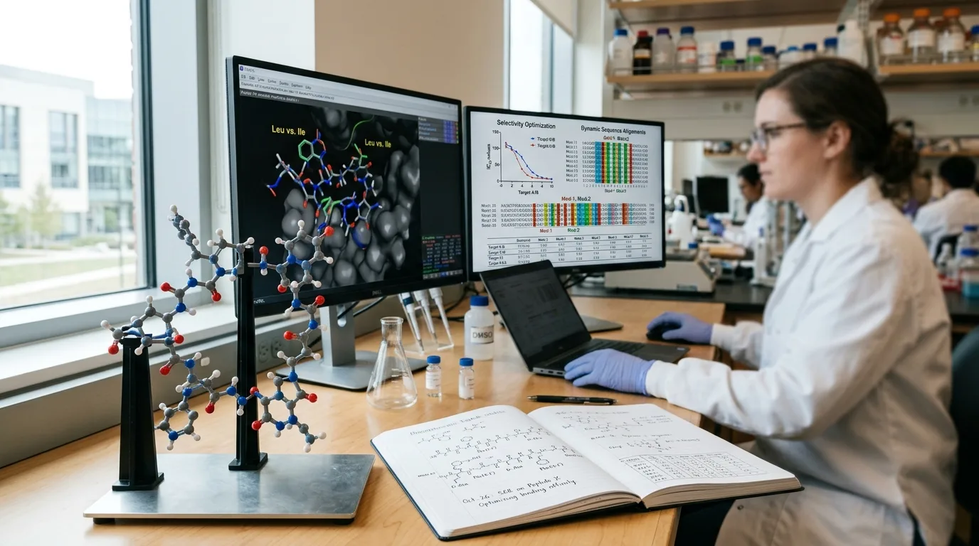 Pharmaceutical laboratory workspace showing peptide engineering and selectivity optimization work to reduce off-target binding and cross reactivity
