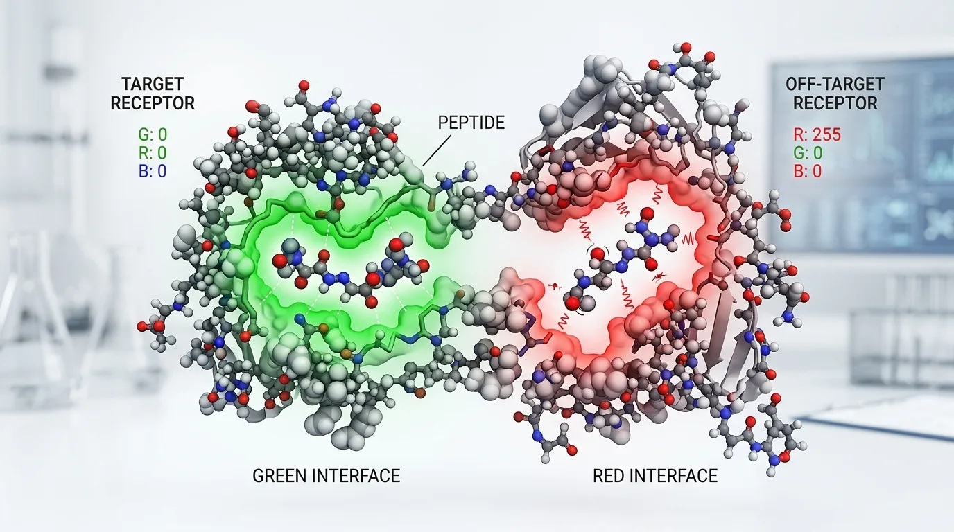 Molecular illustration showing peptide off-target binding to unintended receptor sites alongside correct binding interactions