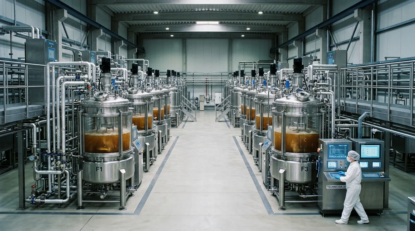 Large-scale fermentation bioreactors in a pharmaceutical manufacturing facility demonstrating recombinant peptide production using biofermentation technology at industrial scale