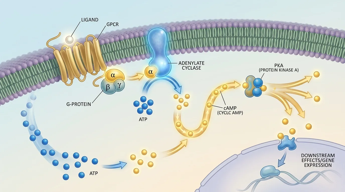 GHRH natural signaling pathway through cAMP cascade illustrated at cellular level showing molecular receptor interactions and signal transduction