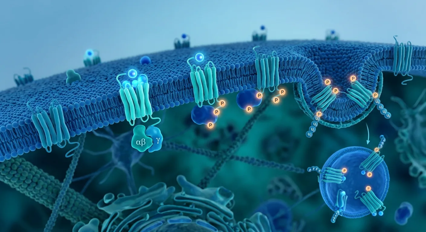 Cellular microscopy illustration showing receptor desensitization process related to peptide tolerance and long-term treatment resistance