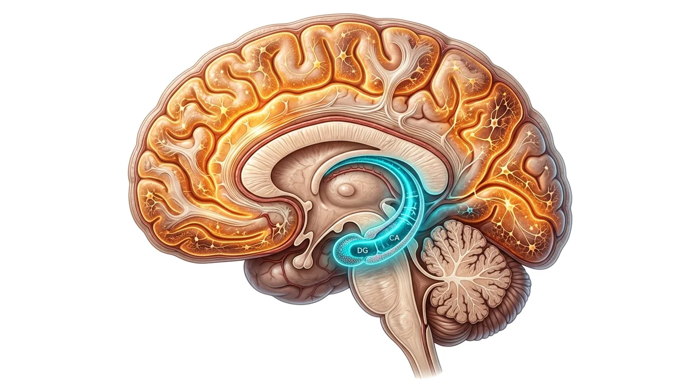 Brain anatomy illustration highlighting the hippocampus and cortex regions where GLP-1 receptors provide neuroprotection against neurodegeneration