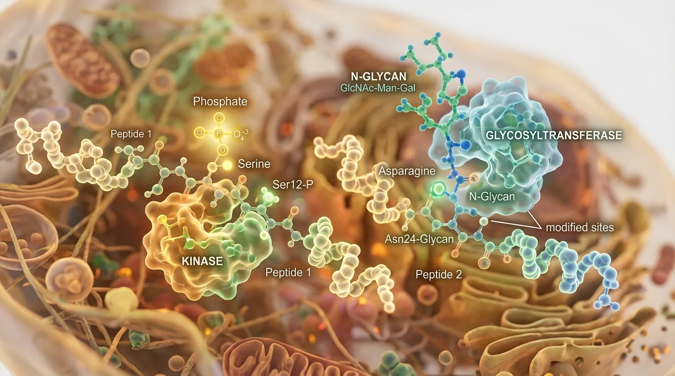 Natural post-translational modifications happening inside a biological cell, showing peptide molecules being modified with phosphate and glycan groups