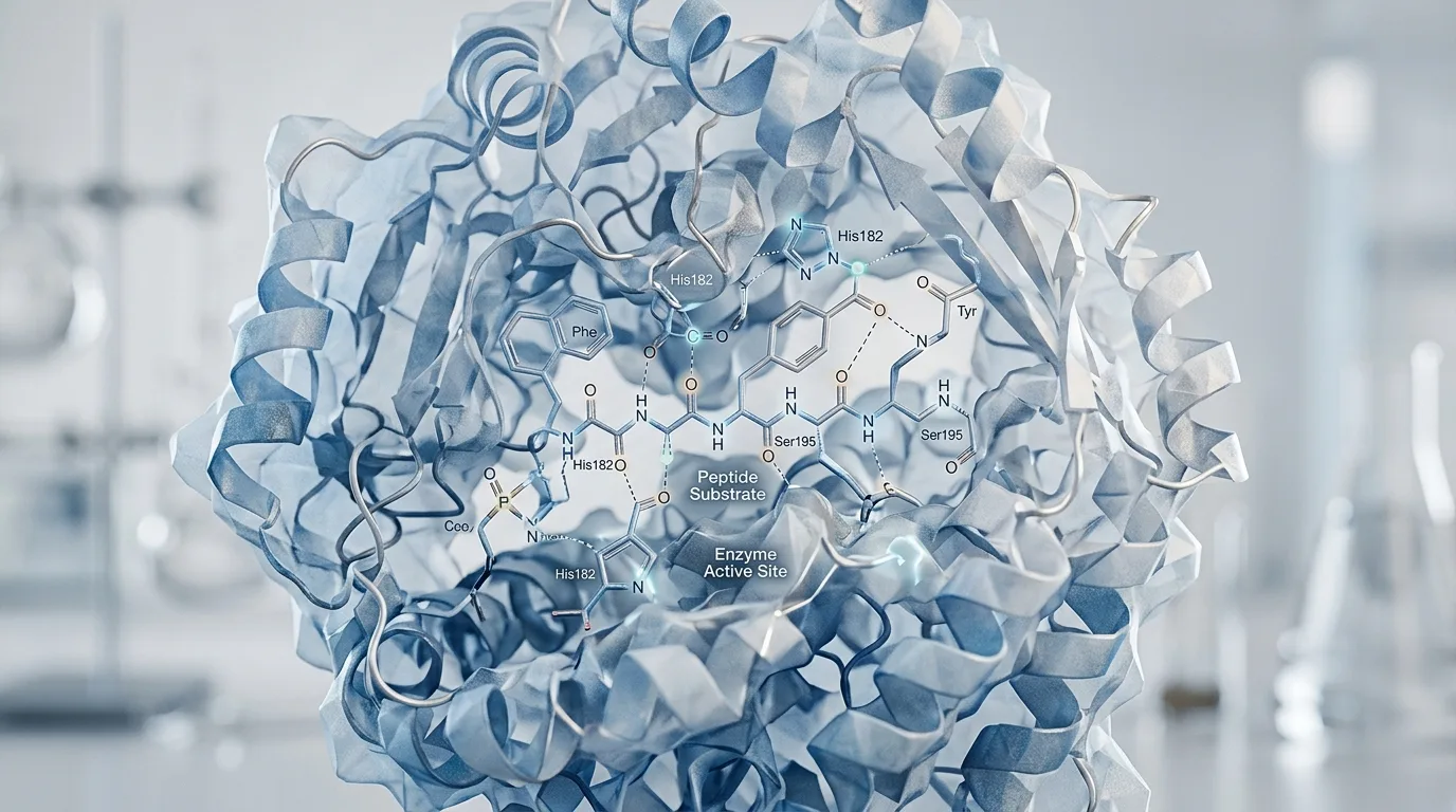 Detailed view of peptidase enzyme structures demonstrating how proteases cut peptide bonds through enzymatic degradation mechanisms