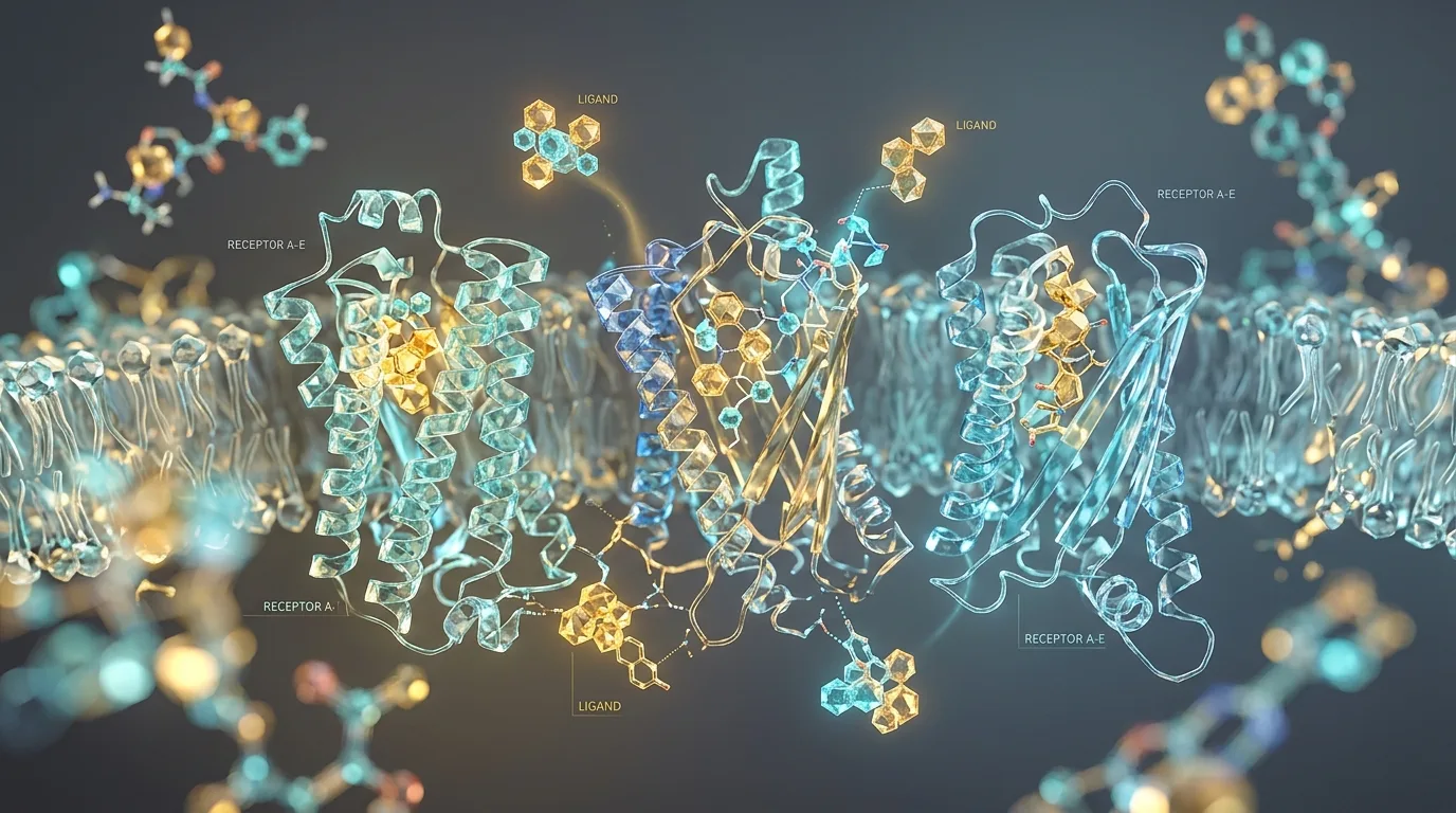 Multi-agonist molecular interaction showing how glucagon receptor agonists work synergistically in metabolic regulation and energy expenditure
