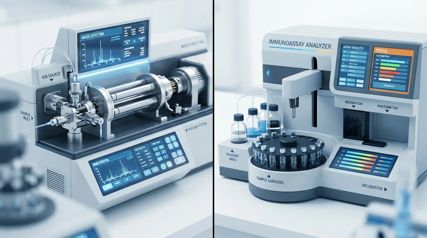 Laboratory equipment demonstrating two analytical methods for measuring peptide levels in blood serum samples
