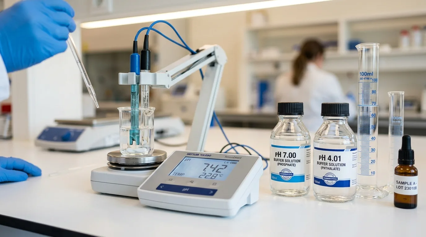 Laboratory pH measurement and peptide buffer solutions demonstrating pH control and peptide solubility buffering technique