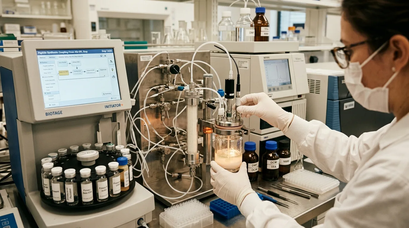 Solid-phase peptide synthesis equipment at laboratory scale showing reactors and analytical instruments used in peptide manufacturing processes