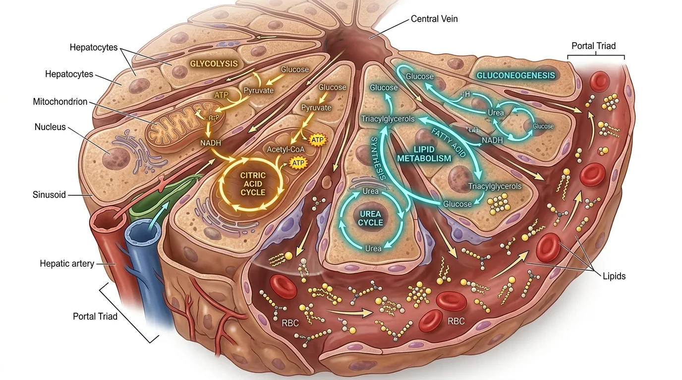 Visual representation of glucagon receptor agonist effects on lipid metabolism and non-glucose physiological processes in liver tissue