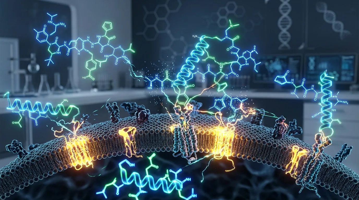 Molecular visualization of peptide therapy mechanisms acting on liver hepatocytes, showing NASH fibrosis peptide therapy interaction at the cellular level in research illustration
