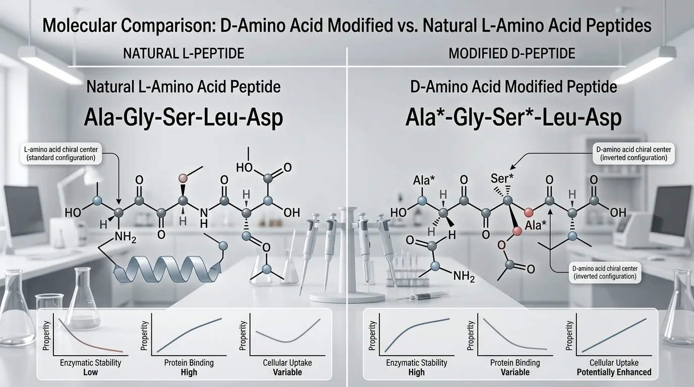 Comparison of D-amino acid substitution in modified peptides showing structural resistance to enzymatic degradation in peptide drug metabolism